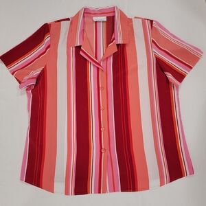 Susan Graver Style 1X Stripe Short Sleeve Button Up Shirt
